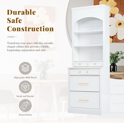 JIJIWANG Modern 83.7inch High Kitchen Pantry, Freestanding Tall Kitchen Hutch with Faux Marble Top, Display Cupboard Cabinet with 5 Storage Drawers and Adjustable Shelf, White