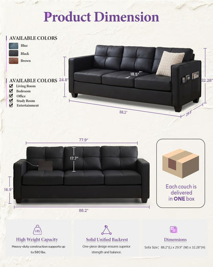 TYBOATLE 88'' Black Faux Leather Couch with USB, 3-Seater | Faux Leather Sofa for Living Room, Mid-Century Modern, Tufted Design, Wider Arms, Side Pockets, Office, Apartment, Bedroom