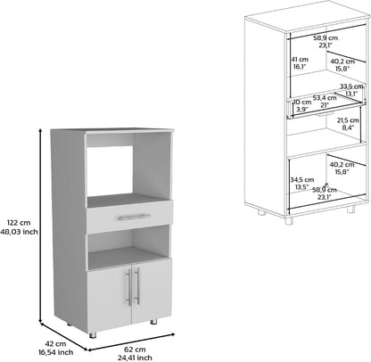 Kitchen Pantry 48" H, Two Open Storage Shelves, One for Microwave, Two Doors, Four Legs, White