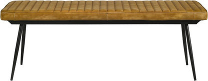 Pemberly Row Leather Upholstered Cushion Bench, 54"W x 15"D x 19"H, Camel Goat Leather, Black Metal Legs, Channel Tufted Design, Modern Farmhouse Style, Comfortable Seating for Dining Room or Bedroom