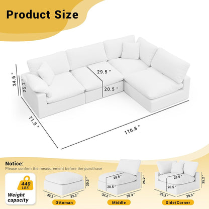 Cloud Modular Couch for Living Room,V Shape Linen Blend Sofas,Modern Deep Seat Cloud Sofas,Convertible Comfort Down Filled Sectional Couches,Removable Washable Cushion Covers,White