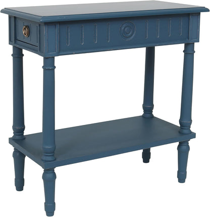 East at Main Handmade Solid Wood Narrow End Table with Drawer, Slim Blue Side Table for Bedroom, Living Room, or Entryway, Farmhouse Accent Furniture with Shelf and Turned Legs