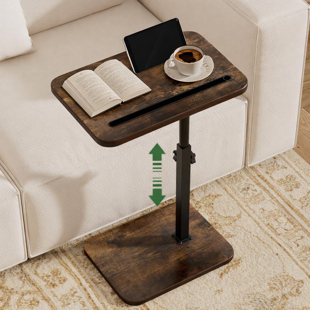 TV Tray Side Table for Couch - 360° Swivel Adjustable Height Rotating Sofa Table C Table End Table Laptop Desk with Phone & Tablet Slot, Perfect for Eating Working Reading, Fits Small Spaces