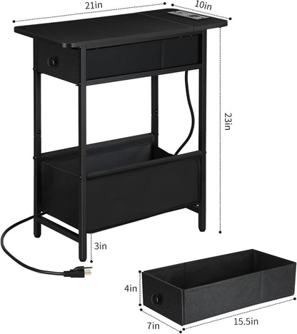 Long Narrow Side Tables Set of 2 with Charging Station, Slim Nightstand with Drawer and Fabric Basket, Skinny End Table for Living Room, Bedroom, Small Spaces, Black