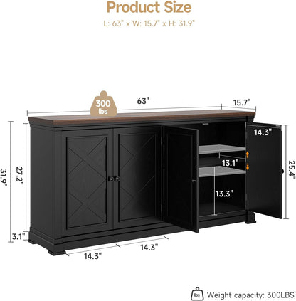 ONBRILL 63 Inches Buffet Cabinet with Storage, Large Sideboard Cabinet with 4 Barn Doors, Adjustable Shelves, Wood Coffee Bar Station for Kitchen, Living Room, Black