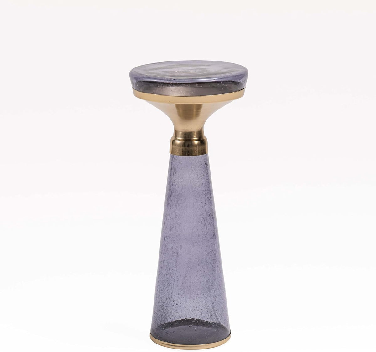 Modern Decorative Round Drink Table with Glass Base and Top with Gold Metal Accent, Martini, Gold Pedestal Table, Tall Side Table, Small Space end Table, for Living Room & Bedroom, Purple,Assembled