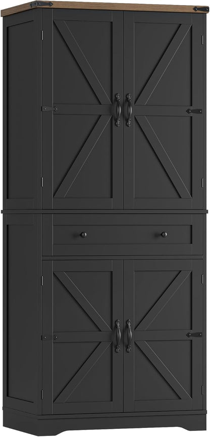 HOSTACK 71" Tall Pantry Cabinet, Farmhouse Kitchen Pantry with Storage Shelves, Barn Doors Food Storage Cabinet, Freestanding Kitchen Hutch with Large Drawer for Dining Room, Living Room, Black