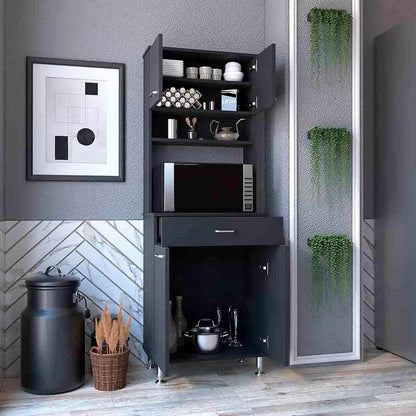 Pantry Cabinet 67" H, Four Doors, One Drawer, Three Internal Shelves, 2 External Storage Shelves, Microwave Storage Option, Four Legs, Black