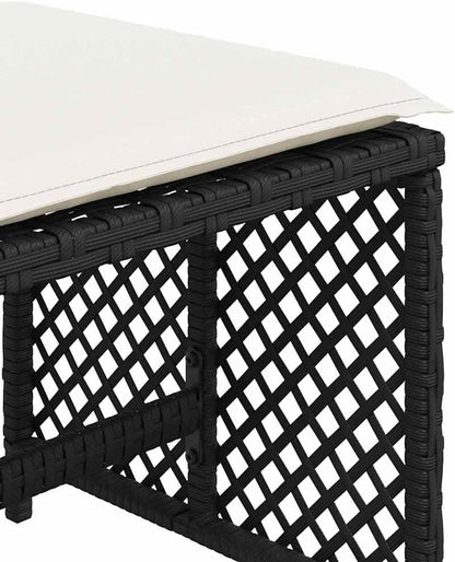 4-Piece Garden Stool Set in Black with Poly Rattan and Powder-Coated Steel, Square Outdoor Seats with Removable Washable Cushion Covers, 14.2-Inch Height for Patio Balcony