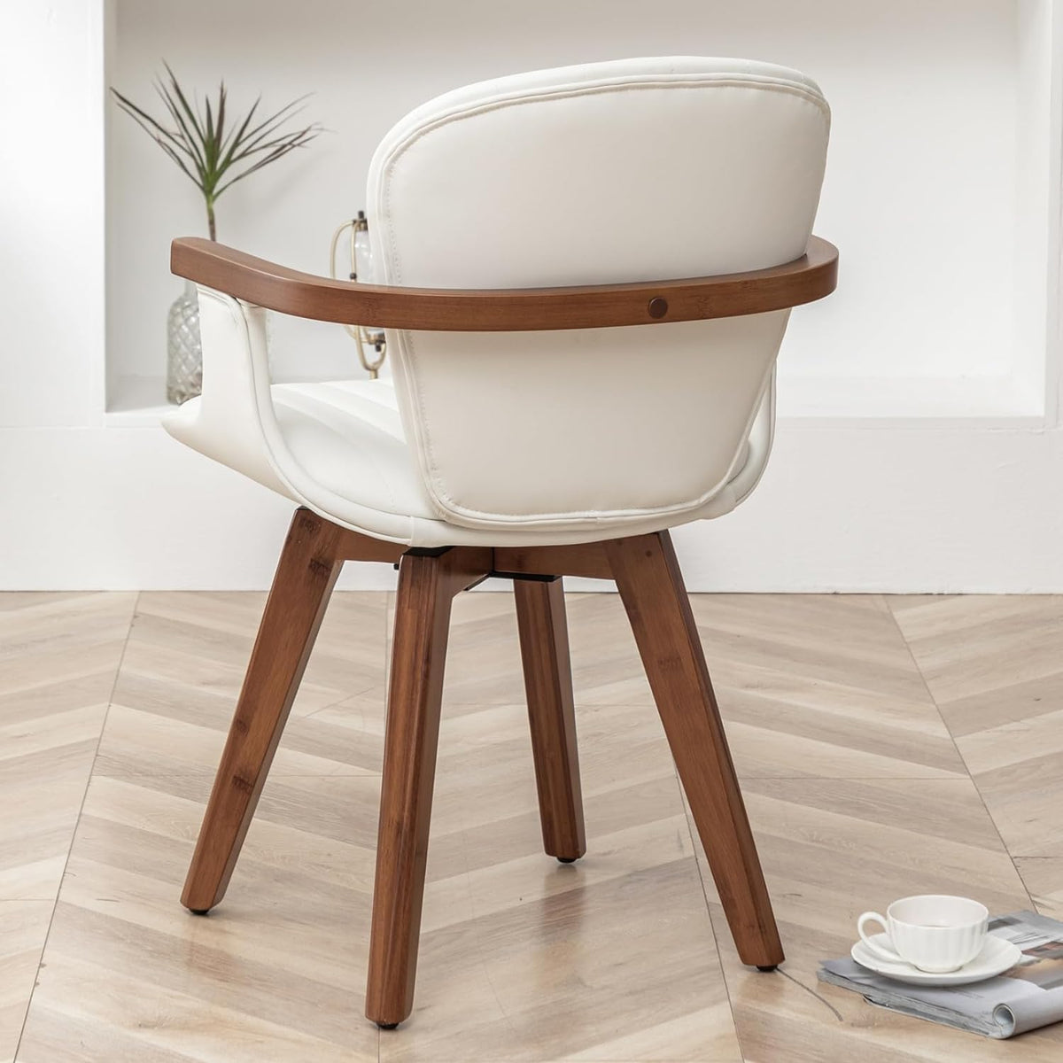 LUNLING Swivel Dining Chairs, Mid Century Modern White Faux Leather Kitchen Chairs with Arms,Bamboo Legs Side Chairs No Wheels,Accent Chair for Dining Rooms and Offices,1PCS
