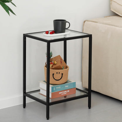 Gawicpy Modern 2-Tier Tempered Glass End Table - Stylish Black Metal Side Table for Small Spaces, Perfect for Living Room & Bedroom (Black, 1PCS)