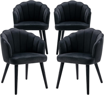 Velvet Dining Chairs Set of 4 Modern Living Room Chairs with Petal Back & Wood Legs Comfy Upholstered Side Chair Accent Chair for Dining Room/Bedroom/Vanity, Black
