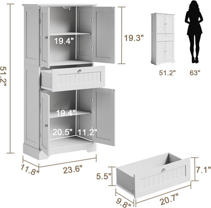 ChooChoo 51" H Bathroom Floor Cabinet with Drawers and Adjustable Shelves | Bathroom Storage Cabinet, Freestanding Kitchen Pantry Cupboard with 4 Doors for Living Room, White