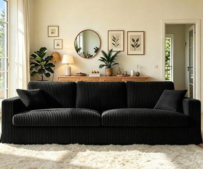 Welzona 101" Sofas for Living Room, Oversized Couch,Couches for Living Room | Comfy Corduroy Couch, Tool-Free Setup Sofa Couch, 6.3" Extra Wide Armrest, All-Wood Modern Couch For Bedroom, 2 Pillow, Black