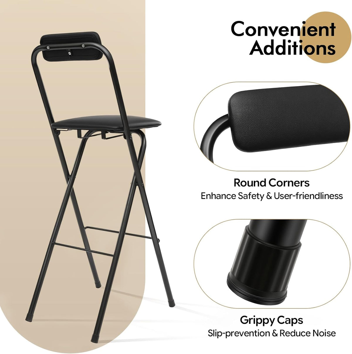 1PCS Folding Bar Stool with Back, 29inch Seat Height Collapsible Bar Stool, Counter Metal Bar Stools 275lbs Capacity, Portable Black Chairs with Footrest, Padded Portable Stools for Home