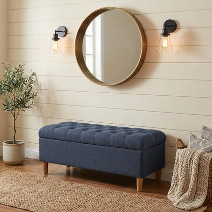 Homepop Home Decor | Tufted Ainsley Button Storage Ottoman Bench with Hinged Lid | Ottoman Bench with Storage for Living Room & Bedroom, Blue Woven