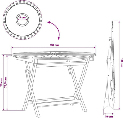 Round Solid Teak Folding Table with Water-Based Finish, 43.31 x 29.53 in, Slatted Top for Drainage, Umbrella Hole, Seats Four for Garden Patio