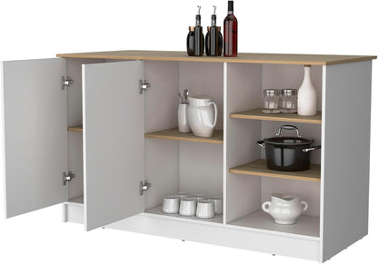Melamine Kitchen Island with Two Doors and Three Open Shelves | two doors with internal shelves and three open storage shelves