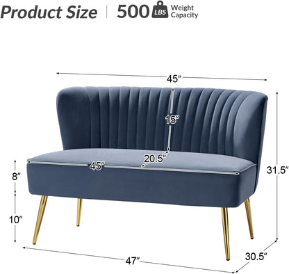 TINA'S HOME Mid-Century Velvet Loveseat Sofa, Upholstered Loveseat Couch with Golden Metal Legs, Small Tufted 2-Seat Sofa Armless Love Seat for Living Room Bedroom, Slate Blue