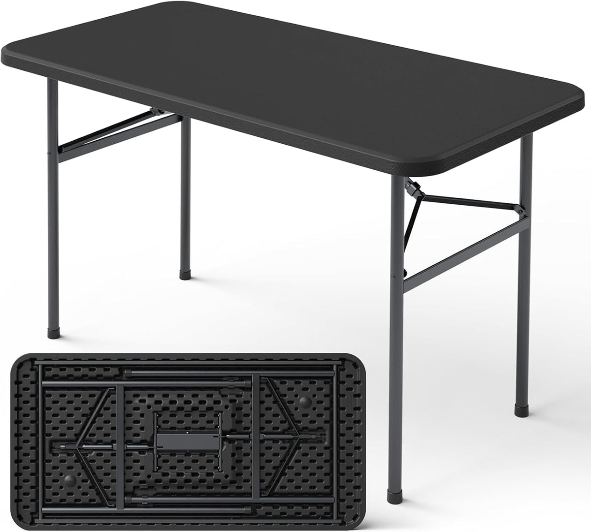 4ft Folding Table with Foldable Steel Legs, Heavy Duty Plastic Foldable Table, Metal Frame, Support up to 400 lb, Portable for Banquet, Craft, Party, Indoor & Outdoor Use, Black