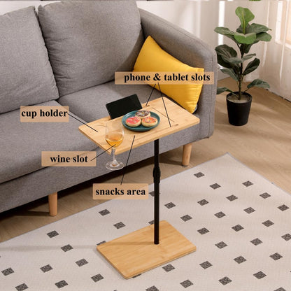 Height Adjustable Bamboo Couch Table, C-Shaped Oval End Table with Slots for Devices – Sofa Side Table for Bedroom, Living Room, or Bedside Use (B)