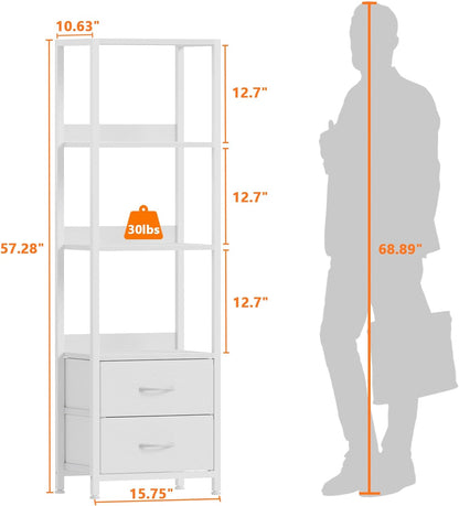 Furnulem 4-Tier Corner Shelf, Bookshelf with 2 Storage Drawers, 57.28”Tall Narrow Bookcase, Standing Shelf Organizer Unit for Living Room, Bedroom, Metal Frame, Wood Display Shelf