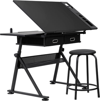 LEMY Drafting Table Art Desk, Height Adjustable Drawing Table Tilting Tabletop Work Station with Stool and Storage Drawer for Home, Office, Writing, Black