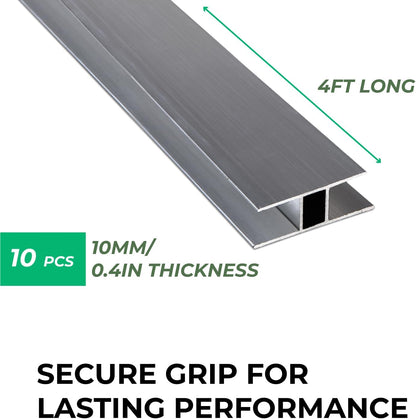Aluminum H Connectors - Fits 4mm, 6mm, 8mm, or 10mm Twin-Wall Greenhouse Panels, Join 2 Pieces of Panels Together, 4-Foot Length, 10 Pieces (10mm Aluminum H Connectors - 4ft)