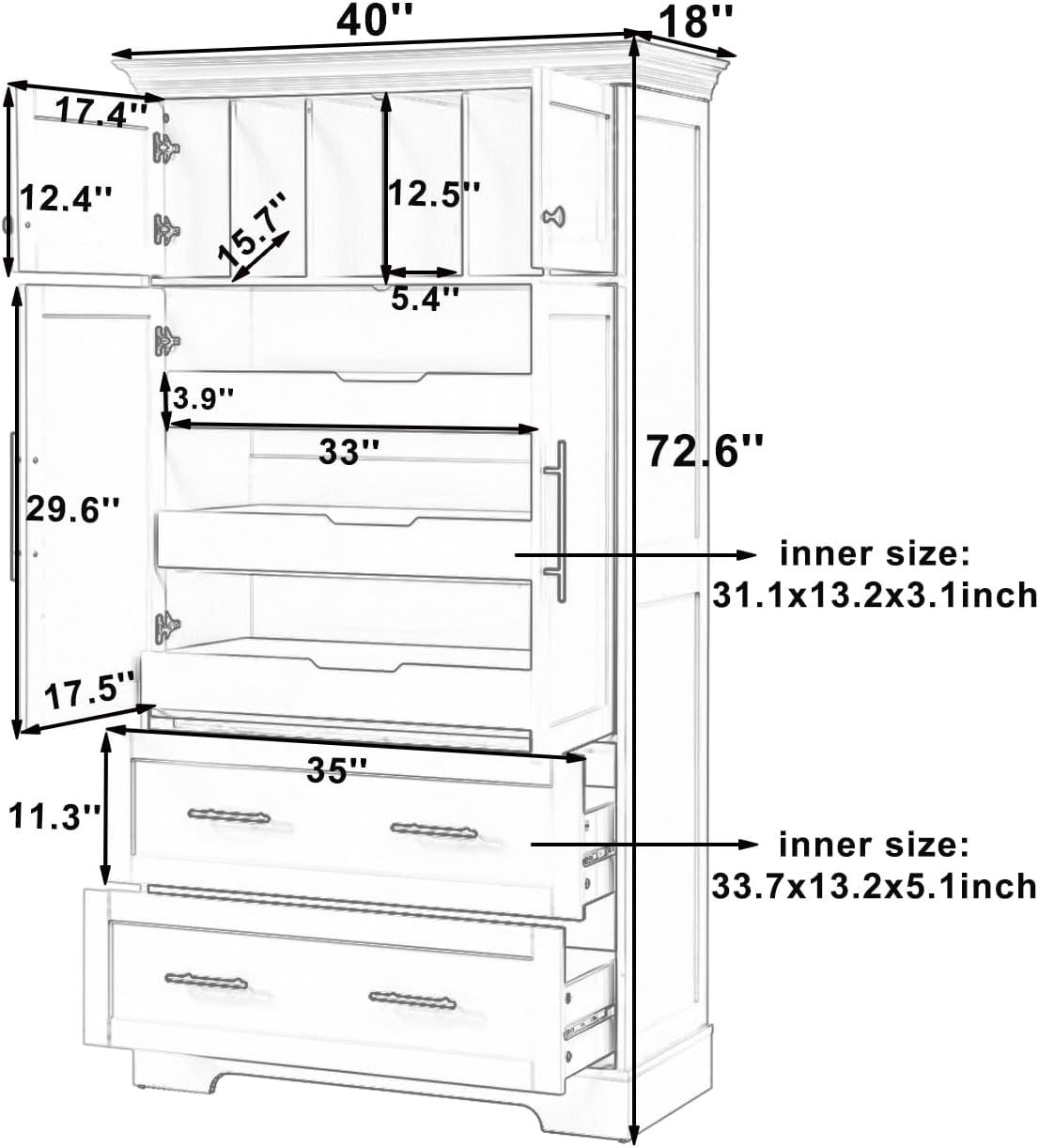 Polibi Farmhouse Freestanding Kitchen Pantry Cabinet, 40" Wide 4-Door Storage with Pull-Out Trays, Drawers & Cake Pan Organizer, Shaker Style in Blue