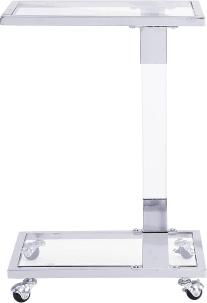 Acrylic Sofa Side Table C Shaped End Table with Wheels, Rolling Bedside Laptop Snack Table with Glass Top,Mobile Breakfast Tray Table with Clear Acrylic Frame