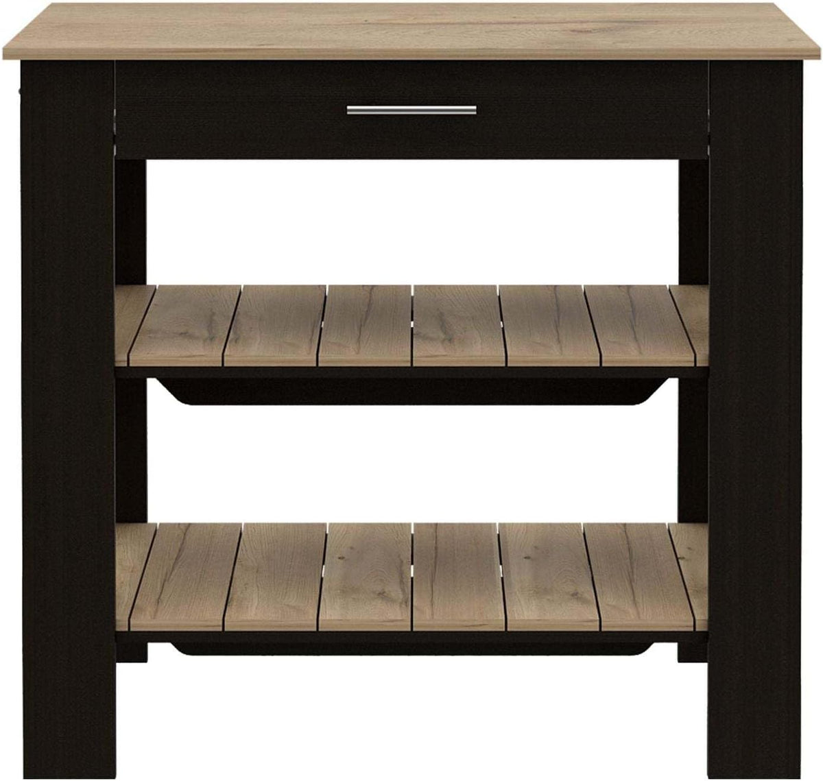 Kitchen Island with Two Shelves, One Drawer, Four Legs, Towel Hanger, Black | Combines two open shelves, one drawer, and towel hanger for storage