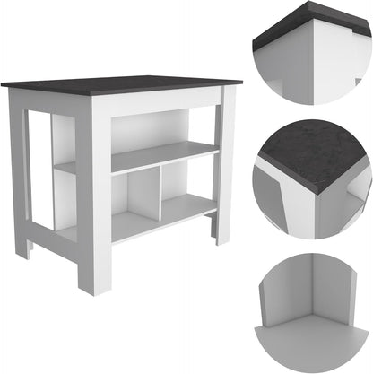 Kitchen Island with Four Legs and Three Shelves - White/Onyx | Three-tiered design with four legs and modern white/onyx finish