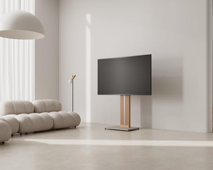 FITUEYES Floor TV Stand for 32-65" TV with Hidden Back Storage,Morandi Grey | Height Adjustable, Wood TV Stand Swivel, Scandinavian Style, Tall TV Stand for Home Decor with Reinforced Base, Zen Series