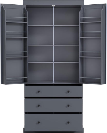 77" Tall Kitchen Pantry Cabinet with 3 Drawers, Large Wooden Kitchen Organizers Storage Cabinet Cupboard with 8 Door Shelves and 3 Adjustable Shelves for Dining Room, Grey