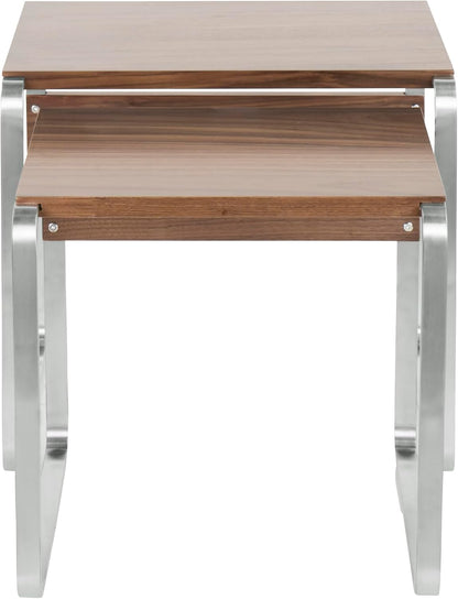 Side Mid-Century Modern Nesting Tables in Stainless Steel and Walnut | Two-table set with walnut wood tops and stainless steel bases