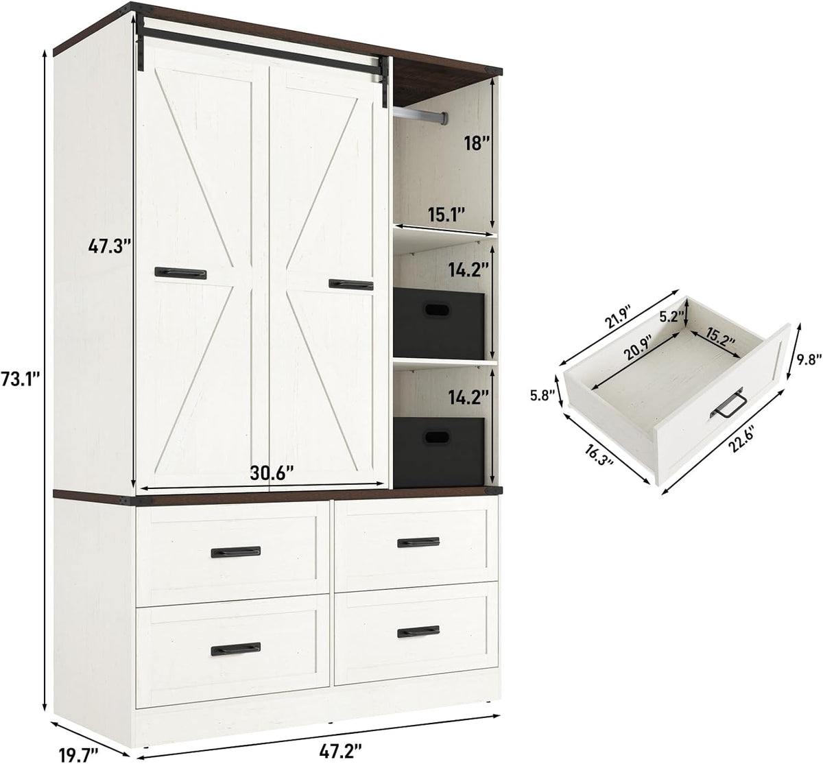 Farmhouse 3 Doors Armoire Wardrobe Closet w/Folding Sliding Barn Door and Lights, LED Armoire Closet w/Drawers for Bedroom, Freestanding Wooden Wardrobe Storage Closets w/Hanging Rod,Antique White