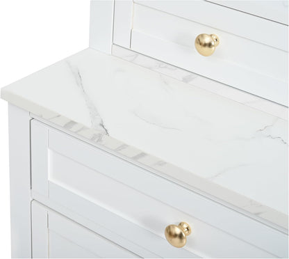 84'' Tall Kitchen Pantry, Storage Cabinet with 5 Storage Drawers and Adjustable Shelf, Anti-Tip Safety, Faux Marble Top Display Cupboard for Kitchen, Dining Room, Living Room, White