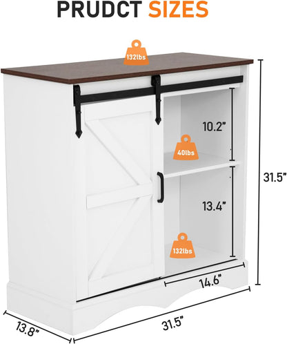 HOMFAMILIA 31.5" H Farmhouse Coffee Bar Cabinet w/Storage, White Kitchen Coffee Station with Sliding Barn Door, Rustic Buffet Cabinet with Adjustable Shelves, for Kitchen, Living Room, White