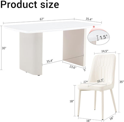 White Dining Table Set for 6, 67'' Marble Dining Table Set with 3.5'' Thick Cream White Oval Tabletop and Solid Column Base, Modern Kitchen Table Set with 6 Metal Legs Chairs