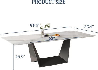 Modern Expandable Dining Table - 63" to 95" Extendable Dining Room Table for 6-12, Glossy White Sintered Stone Top with Black Carbon Steel Base, Easy Assembly Kitchen Table Only