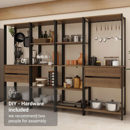 Madesa Kitchen Pantry Storage Rack with 4 Drawers, Open Shelves and Hanging Spaces 102" L Multiuse Modular Cabinet for Kitchen Organization - Black/Brown