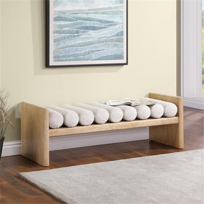 MAKLAINE Set of 2 Contemporary Natural Wood Bench with Cream Fabric Cushions