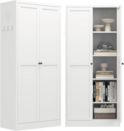 Kitchen Pantry Cabinet,White Metal Pantry Cabinet with 2 Doors & 4 Adjustable Shelves,61" Farmhouse Utility Storage Cabinet for Living Room,Garage,Basement