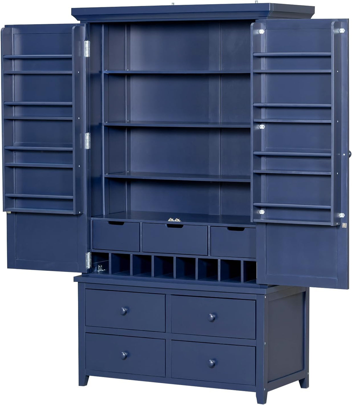 71.1 Inch Tall Kitchen Pantry Cabinet with 8 Door Shelves and 3 Adjustable Shelves, Large Kitchen Pantry with 7 Drawers and 8 Wine Racks, for Kitchen, Living Room, Blue
