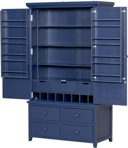 71.1 Inch Tall Kitchen Pantry Cabinet with 8 Door Shelves and 3 Adjustable Shelves, Large Kitchen Pantry with 7 Drawers and 8 Wine Racks, for Kitchen, Living Room, Blue