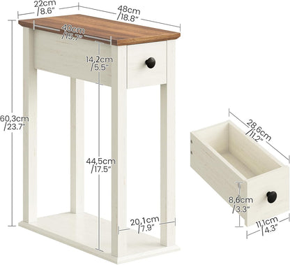 CHOEZON Farmhouse End Table, 2-Tier Narrow Side Table with Drawer, Wooden Nightstand, for Small Space, Living Room, Bedroom, Cloud White and Walnut MBZ13WL