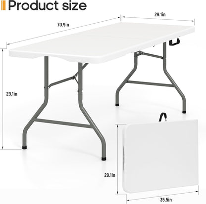 SKONYON 6ft Folding Table Heavy Duty 350 LBS Foldable Table with 18% Thicker HDPE Top Reinforced Steel Frame Portable Fold-in-Half Table Under 22 lbs for Outdoor Indoor Party Wedding Camping White