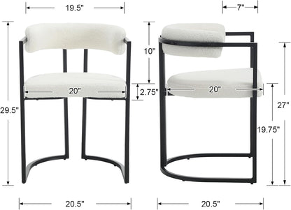 Barrel Dining Chairs Set of 2, White Boucle | Soft Boucle Upholstered Modern Dining Chairs, Ergonomic Curved Backrest, Black Metal Frame, Armchair, Kitchen Living Room