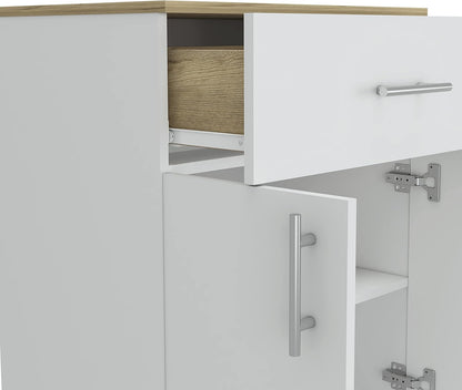 Pantry Organizer Cabinet 33" H,Buffet Kitchen Sideboard,One Drawer,Two Interior Shelves,Two Doors,White,Light Oak