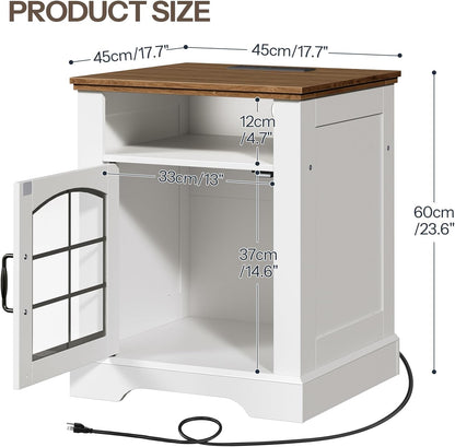 HOOBRO Farmhouse End Tables Set of 2 for Living Room, 17.7" Wide Nightstands with Charging Station, Wooden Sofa Side Tables with Tempered Glass Barn Door and Open Shelf, White and Walnut